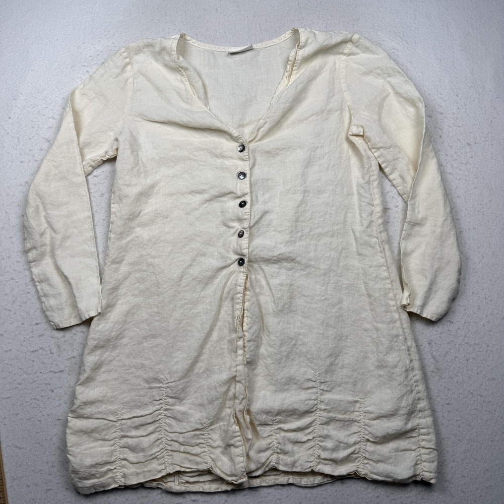 Homefrocks Shirt Dress Womens Large White Linen Button Front V-Neck Long Sleeve
